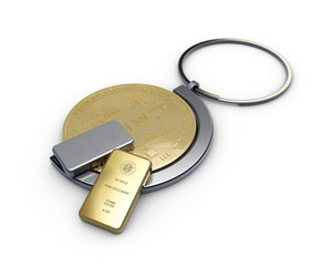 3d illustration of golden bitcoin in a keychain with gold and silver bar, close up
