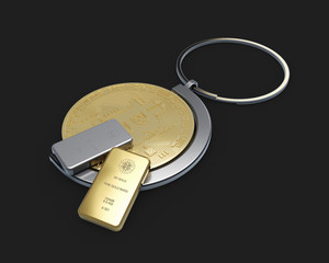 golden bitcoin in a keychain with gold and silver bar, isolated black, 3d illustration close up