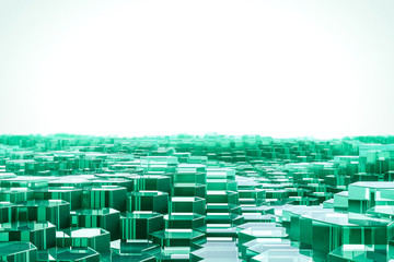 Abstract green glass hexagonal geometric layered. Futuristic hexagons surface. Future sci-fi concept background. 3D Rendering.