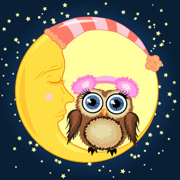 A sweet cartoon brown owl in soft headphones sits on a drowsy crescent moon against a background of a night sky with stars