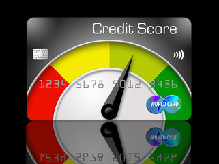 A credit score meter with a dial that goes from red to yellow to green appears in this 3-D...