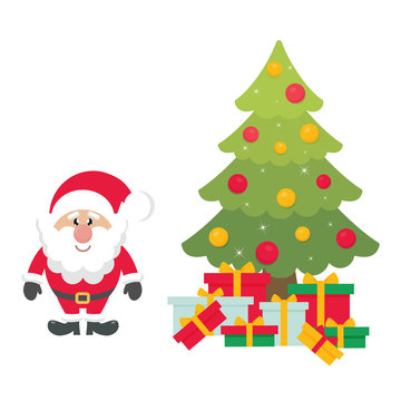 cartoon cute santa claus with christmas fir tree and gifts
