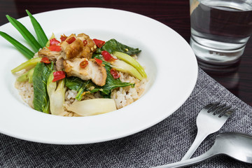 Crispy Pork with Kale is a healthy food Because of the leafy green vegetables and protein from meat and eaten much Thailand people like.