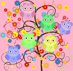 Bright cute cartoon owls sit on the flowering branches of fantastic trees