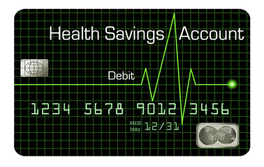 A health savings account debit card is designed with a heartbeat monitor design in the background in this 3-D illustration. The HSA card is for paying medical expenses and is a feature of medical insu