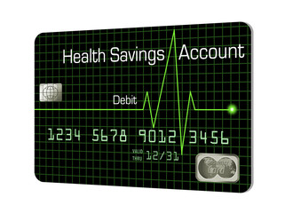 A health savings account debit card is designed with a heartbeat monitor design in the background in this 3-D illustration. The HSA card is for paying medical expenses and is a feature of medical insu