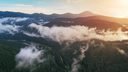 Carpathian mountains shot from drone at sunset