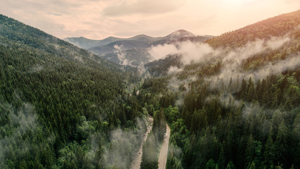 Carpathian mountains shot from drone at sunset - 183645195