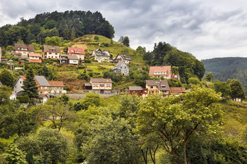  Beautiful panoramic view of the mountain village Bermersbach..Germany. Black Forest.Toned.