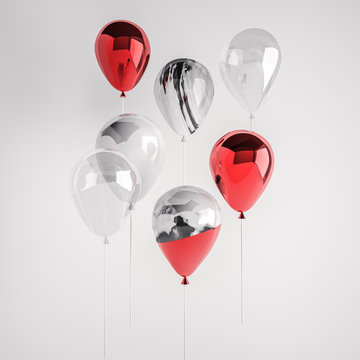 Set of glossy red, marble, transparent and white marble 3D realistic balloons on the stick for party, events, presentation or other promotion banner, posters.