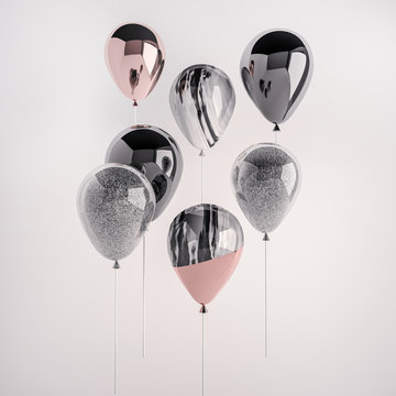 Set of glossy pink, marble, black and white marble 3D realistic balloons on the stick for party, events, presentation or other promotion banner, posters.
