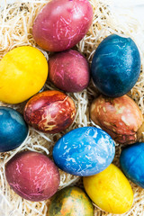 Fototapeta na wymiar Bright Easter Eggs dyed using natural ingredients