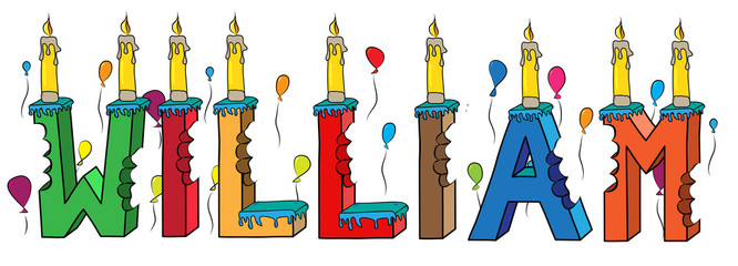 William first name bitten colorful 3d lettering birthday cake with candles and balloons