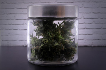 Fragrant marijuana buds in glass jar