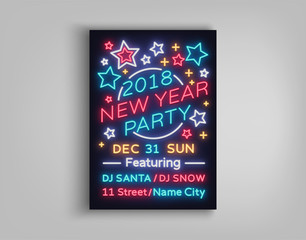 New Year 2018 party poster in neon style. Happy New Year. Invitation card for a winter party. Flyer, postcard, banner, design template invitation for New Year holidays. Vector illustration