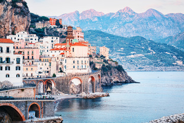 Amalfi town at Tyrrhenian sea in evening
