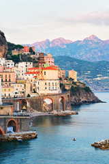 Amalfi town and Tyrrhenian sea in evening