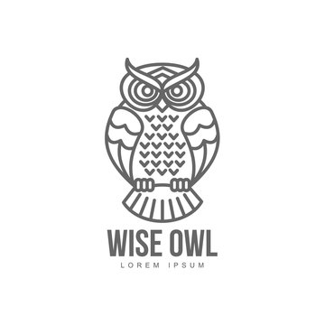 wise hand drawn sitting wise owl brand logo stylized design silhouette pictogram. Line icon bird isolated illustration on a white background.