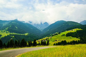 Mountain road with lawn, meadow, grassland. Green lonely view.