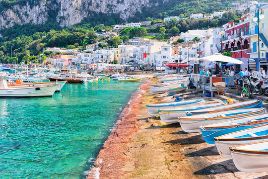 Boats at Marina Grande embankment in Capri Island Tyrrhenian sea
