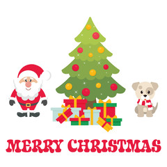 cartoon cute santa claus with christmas fir tree and gifts and winter dog vector