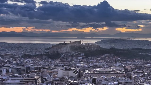 Acropolis and Athens at sunset Timelapse