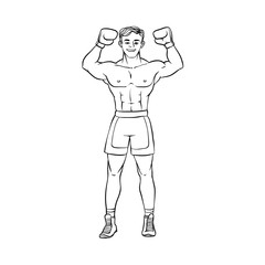 Fototapeta na wymiar vector cartoon muscular strong handsome boxer man bare torso and chest standing with hands in boxing gloves raised up smiling like winner. Isolated illustration on a white background.