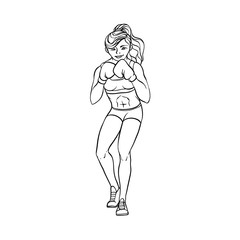 vector cartoon muscular strong cute beautiful woman, girl in boxing stand with box gloves in fighting position. Isolated illustration on a white background.
