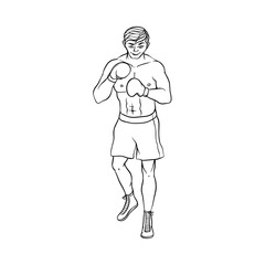Young Caucasian male boxer in boxing gloves, shorts and boots ready to fight, hand drawn cartoon vector illustration isolated on white background. Front view portrait of young Caucasian male boxer