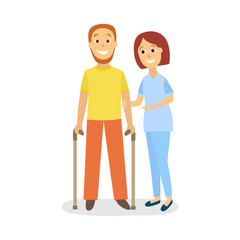 vector flat woman doctor physiotherapist helps man patient with restriction of movement to walk by means of canes, crutches. Physical rehab therapy scene. Isolated illustration on a white background.