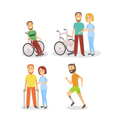 vector flat rehabilitation scenes set. women physiotherapist helps men patient with restriction of movement, another man sitting in wheelchair and running with foot prosthesis. Isolated illustration