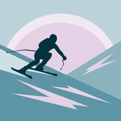 Fototapeta premium on a background of abstract mountains and sun. a person goes fast on downhill skiing. dark silhouette.