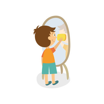 vector flat boy kid cleaning mirror in hallway wiping it by rag. Household chores. Isolated illustration on a white background. Daily children routine concept.