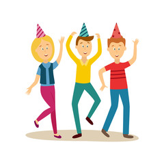 vector cartoon beautiful cute caucasian woman, girl and two men dancing in party hat, casual clothing waving hand. Isolated illustration on a white background.