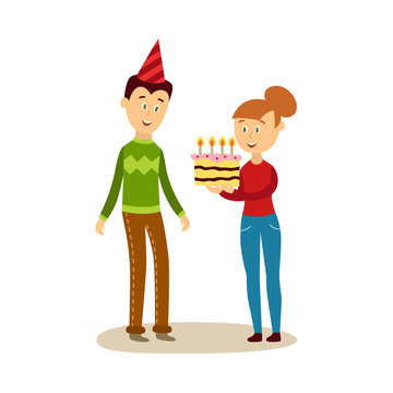 vecotr cartoon beautiful cute girl in causal clothing and jeens giving big birthday chocolate cake with festive candles to man in party hat. Isolated illustration on a white background.