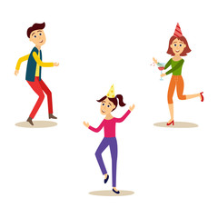 vector cartoon beautiful cute caucasian women, girls holding cocktail glass and hipster man dancing in party hat, casual clothing waving hand. Isolated illustration on a white background.