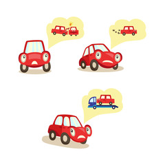 Fototapeta premium vector car with eyes worrying about possible road accidents set. Crashing with another vehilce, engine breakdown, evacuation thinking about it experessing negative emotion. Isolated illustration