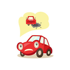 vector cartoon car with eyes worrying about possible problems with engine and exhaust system thinking about it with negative emotion. Isolated illustration on a white background.