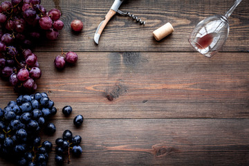 Glass with wine sediment and grape on dark wooden background top view copyspace