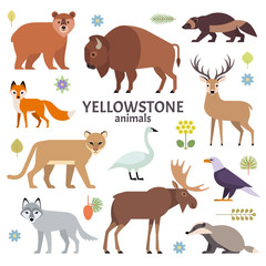 Vector illustration of Yellowstone National Park animals: moose, elk, bear, wolf, fox, bison, badger, wolverine, mountain lion, bald eagle, swan, isolated on white background.