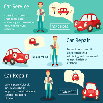 vector car service manager banners, infographics set. flat man car service manager holding clipboard and pen and car characters thinking about different road accidents, situations needed repairing.