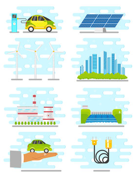 vector flat renewable, alternative energy icon set. Hydroelectric dam, solar panel, nuclear reactor, windmill, power plants, power plug with wire, electric car charging, modern green city isolated.