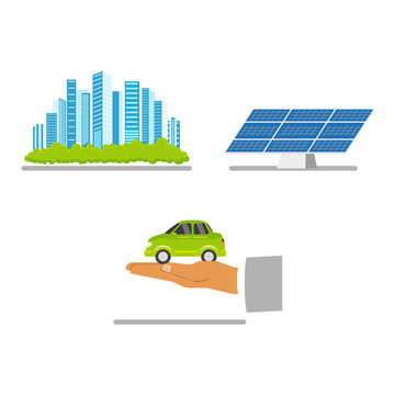 Alternative energy concept - green city, solar panel, electric vehicle, flat vector illustration isolated on white background. Electric car, solar panel, green, eco-friendly city, ecology conservation