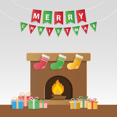 Festive christmas gifts and decorated fireplace for season's greetings and new year invitations. Paper art style.