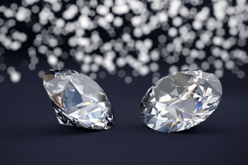 Diamonds places on dark tone blue background with light bokeh, 3D illustration.