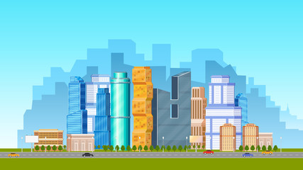 City, urban scene with low and high rise buildings, skyscrapers and road with cars, flat vector illustration. Daytime cityscape, downtown scene with road, transport and city skyline in background