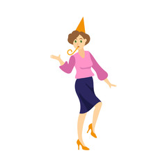 vector flat beautiful girl office worker, business woman manager in corporate colored clothing in skirt, blouse and party hat dancing at party whistling. Isolated illustration on a white background.