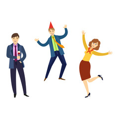 vector flat office workers men and girl in formal corporate clothing with necktie, party hat, male, female characters dancing having fun at corporate party. Isolated illustration white background.