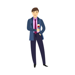 vector flat office worker man in formal corporate clothing with red necktie, male character dancing having fun holding glass of wine at corporate party. Isolated illustration on a white background.