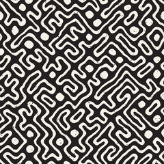 Vector Seamless Black And White Rounded Irregular Maze Pattern. Abstract Hand Drawn Background
